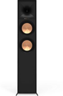 Klipsch R-600F črni stolpni zvočnik, pogled od spredaj, z dvema okroglima zlatima zvočnikoma in visokotoncem na sprednji strani