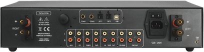 Amplificador hi-fi estéreo Atoll Electronique IN200 Evolution negro, vista trasera, conectores RCA, puertos coaxiales, ópticos, USB, terminales para altavoces