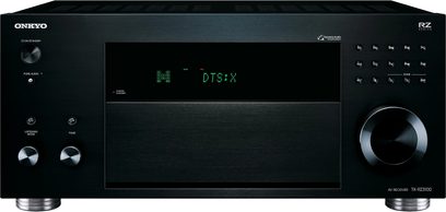 Onkyo TX-RZ3100 sort hjemmebiograf-forstærker, front, grønt "DTS:X" display, sølvfarvede knapper og drejeknapper, set forfra