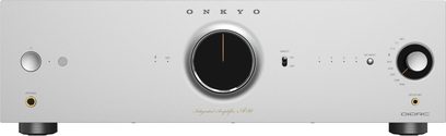 Integrert stereoforsterker Onkyo ICON A-50 i sølvfarget aluminium sett forfra, sentralt volumhjul, velger til høyre, hodetelefonutgang