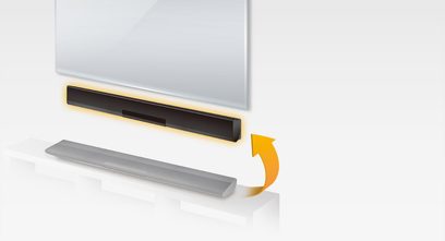Sort og grå Panasonic SC-HTB680EGS soundbar, set forfra og fra siden, med orange pil der indikerer en aftagelig del