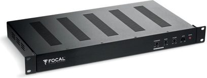 Focal 100 IWSUB8 siyah güç amplifikatörü, üstten görünümde 5 döner düğmeli ve 4 ışıklı ön panel
