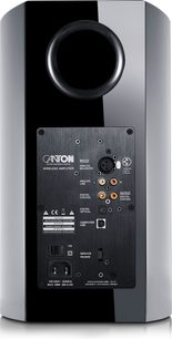 Canton Smart Vento 3 S2 trådløs højttaler i sort højglans set bagfra, med cirkulær basport og panel med lydtilslutninger