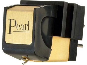Svart Sumiko Pearl platespillercelle, 3/4 bakre visning, høyre arm, svart blankt og gullfarget plastdeksel