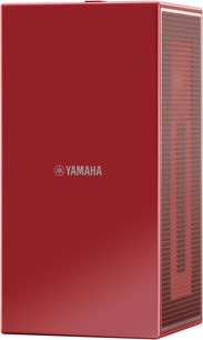 Yamaha NX-U02 rød multimediehøjttaler, set forfra og fra siden, vertikal rektangulær form med metalgitter