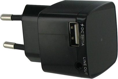 Bezdrátový vysílač Connect Research CRBT011 černý, pohled zepředu, USB konektor a vypínač na pravé straně