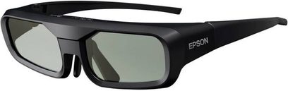 Černé dobíjecí 3D brýle Epson ELPGS03, pohled zepředu, tmavě šedá obdélníková skla, široké nožičky, bílé logo