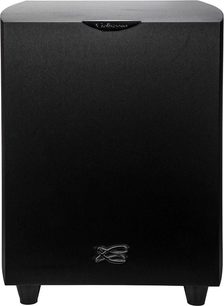 Subwoofer Cabasse Orion nero ebano, vista frontale, forma cubica, finitura nera opaca, logo argentato in basso a destra
