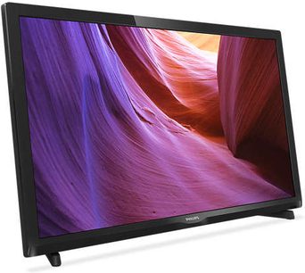 Fladskærms-TV fra Philips 22PFH4000 med rektangulær skærm, der viser abstrakte former i lilla og orange