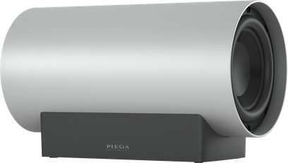 Subwoofer Sub Medium Wireless argento, vista laterale, forma cilindrica, supporto rettangolare nero, altoparlante visibile