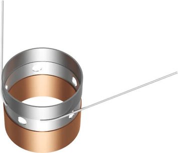 Zylindrische Lautsprecherbox aus goldenem und schwarzem Metall, im Querschnitt dargestellt, die die internen Komponenten und den Lautsprecher zeigt