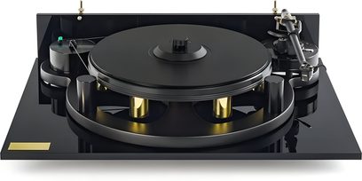 Giradischi Michell Engineering GyroDec nero con braccio TecnoArm nero e colonne dorate, vista frontale