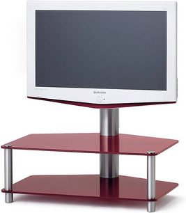 Spectral Panel PL150 TV-møbel i rød og grå, metalstruktur, 2 glashylder, frontvisning på hvid baggrund