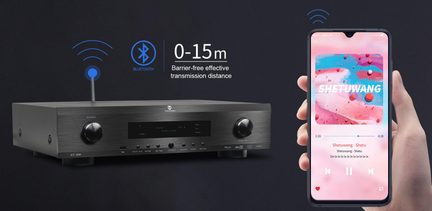 Grå Bluetooth hifi-forstærker Tonewinner AT-300 forbundet til en smartphone, der afspiller musik trådløst med en rækkevidde på 0 til 15 m