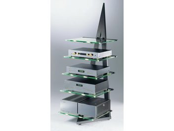 Schroers & Schroers Alphastatic szafka Hi-Fi ze szkła i czarnego metalu, 5 półek z komponentami audio, widok z przodu