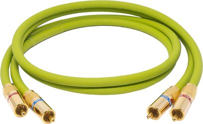 Svinutý audio kabel RCA Van den Hul The Wave v jasně zelené barvě se čtyřmi pozlacenými konektory s červenými a modrými kroužky