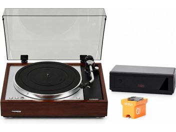Giradischi Thorens marrone e nero, coperchio trasparente aperto, con unità Rega nera e testina Ortofon arancione