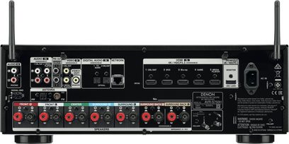 Sort Denon AVR-S750H hjemmebiograf-forstærker, bagside, top-view, mange audio/video-stik og Wi-Fi-antenner