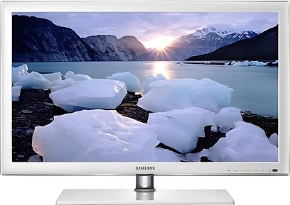 Samsung UE32D4010ZF TV-skærm, der viser et snelandskab med bjerge og en frossen sø i solnedgangens lys