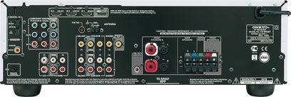 Onkyo TX-SR307 hjemmekino-forsterker, frontvisning, tilkoblinger og kontroller på frontpanelet, sentral skjerm, svart farge