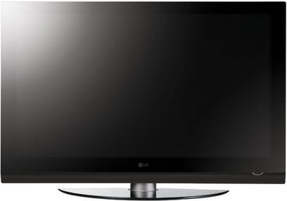 LG 50PG7500 højdefinitions-fladskærms-TV, rektangulær sort skærm slukket, rund metalbase, set forfra