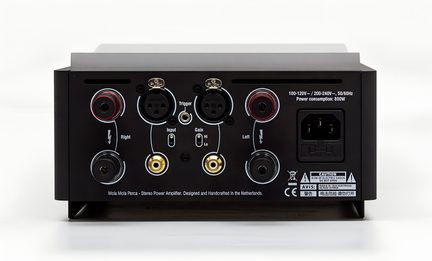 Panel trasero de un amplificador estéreo de metal negro y gris, vista trasera, con terminales de altavoz rodeados de rojo y negro, dos conectores XLR, conectores RCA dorados, pequeños selectores, entrada de corriente IEC y texto informativo blanco impreso