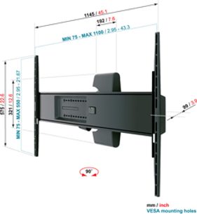 Sort vægbeslag til TV, set forfra og fra siden med dimensioner i mm, vægmonteringsdele, drejeligt armsystem, vippefunktion til skærmen