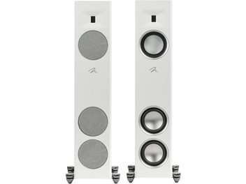 Diffusori a colonna MartinLogan Motion F10 bianco opaco con due altoparlanti circolari e un tweeter rettangolare su ogni unità