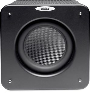 Juoda Velodyne MicroVee X žemų dažnių garso kolonėlė, priekinis vaizdas, apvalus garsiakalbis, metalinės grotelės, baltas logotipas