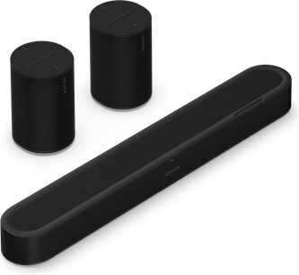 Sort Sonos Beam Ultra i sort med to sorte Era 100-højttalere, set ovenfra