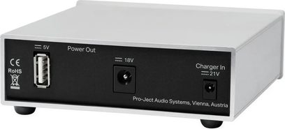 Separate power supply for HI-FI electronics Accu Box S2, rectangular casing, black rear panel with 5V USB, 18V, and 21V connectors