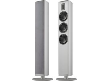 Piega Premium 701 Gen2 ezüst álló hangfalak, karcsú dizájnnal kerek talapzaton, szalagtweeterrel és három hangszóróval