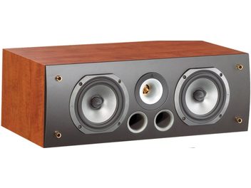 Centrální reproduktor Triangle Voce Ex cognac, 3 šedé kruhové reproduktory v obdélníkové hnědé dřevěné skříni