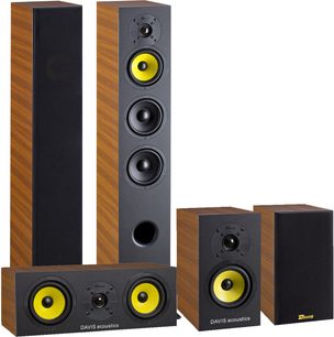Sada sloupových reproduktorů Davis Acoustics Matisse 3D v ořechovém provedení, 2 velké a 3 malé, reproduktory v černé a žluté barvě