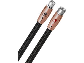 Två Audioquest Black Beauty XLR-ljudkablar 2,5m, svart flätad mantel, koppar-rosa kontakter, vit bakgrund