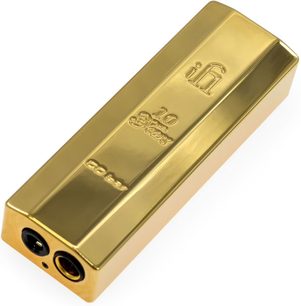 Bærbar iFi Go bar gold-lydkonverter, set ovenfra, forside med logo og indgraverede gyldne indskrifter