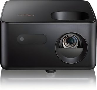 Videoproiettore Optoma Photon Life PK31 nero opaco in plastica, vista frontale, lente a destra, piedino centrale regolabile
