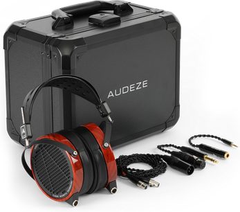 Atviras laidinis hi-fi ausinės Audeze LCD-2 Padauk, šoninis vaizdas, juodas lankelis, medinės ausinės, metalinė grotelė, įvairūs kabeliai ir jungtys, juodas transportavimo dėklas su rankena
