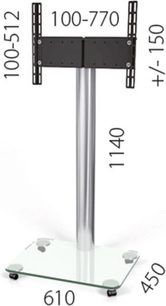 Tv-møbel i glas og metal på hjul, med centralt rørformet stativ og 2 rektangulære hylder, mål 100-770 x 450 x 1140 mm