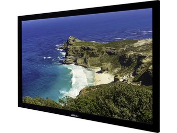 Lumene Movie Palace UHD 4K Acoustic 300C flat screen displaying an aerial view of a rocky coastline and sandy beach