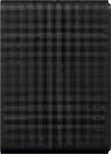 Juoda Samsung HW-LS70H išmanioji kolonėlė, vaizdas iš priekio, stačiakampis dizainas su visiškai perforuotomis grotelėmis