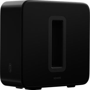 Sonos Sub (3. generacija) črni sijajni nizkotonski zvočnik, sprednji pogled, pravokotna zaobljena oblika z ovalnim osrednjim odvodom