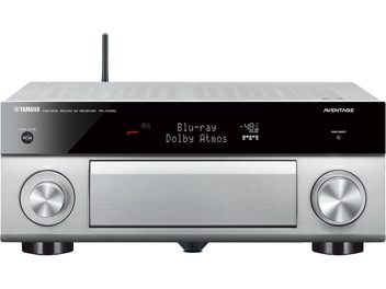 Yamaha RX-A1060 titanium home-biograf-forstærker, børstet metalfront, rød skærm, knapper, drejeknapper, WiFi-antenne