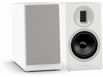 Diffusore acustico da libreria Sonoro Orchestra (gen 2) bianco opaco, visto di fronte e di lato, cabinet rettangolare bianco, altoparlante rotondo nero