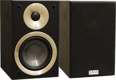 Taga Harmony AZURE S-40 v.2 sort bogreolhøjttaler, set forfra og fra siden, synlig diskant og basenheder, mørk træfinish