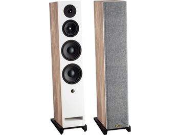 Tredje kvart profil av to gulvstående Davis Acoustics Krypton 9 nordik-høyttalere i hvit og lys trefinér, den ene med synlig diskant og tre svarte basselementer samt en rektangulær bassrefleksport, mens den andre har et grått stoffgitter; begge står på svarte sokler.