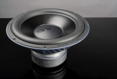 SVS SB-2000 Pro black ash subwoofer, close-up front view, black cone in the center, gray metallic surround