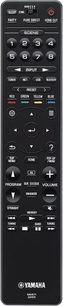 Télécommande noire Yamaha avec touches numériques, boutons de contrôle et molette de volume, vue de face