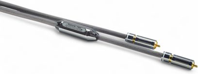 Siltech Explorer 180i SC006 RCA-lydkabel, grå flettet strømpe, to forkrommede hannkontakter med forgylte tupper, sett ovenfra