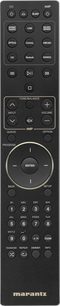 telecomandă Marantz neagră pentru CD player și amplificator hi-fi, cu un mare buton central rotund și numeroase butoane multimedia